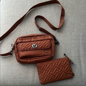 Brown Quilted Crossbody Bag and Pouch Set